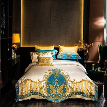 Gold Blue Crown Baroque Luxury Embraided Duvet Cover Set, Cotton Satin Fabric 1000TC Bedding Set
